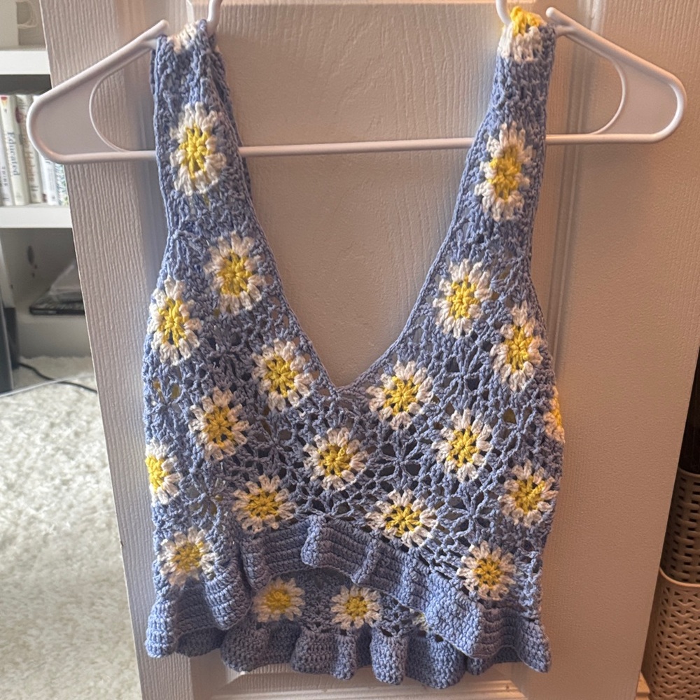 Altar'd State Blue and Yellow Floral Crochet Crop Top